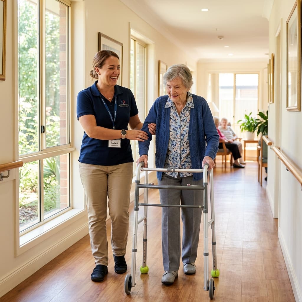Caregiver assisting elderly woman with walker
