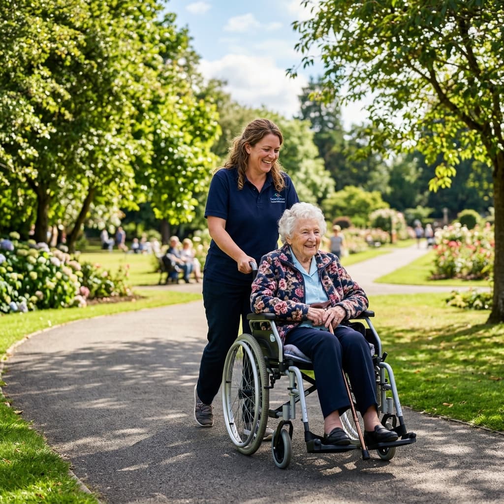 Caregiver pushing elderly woman in wheelchair